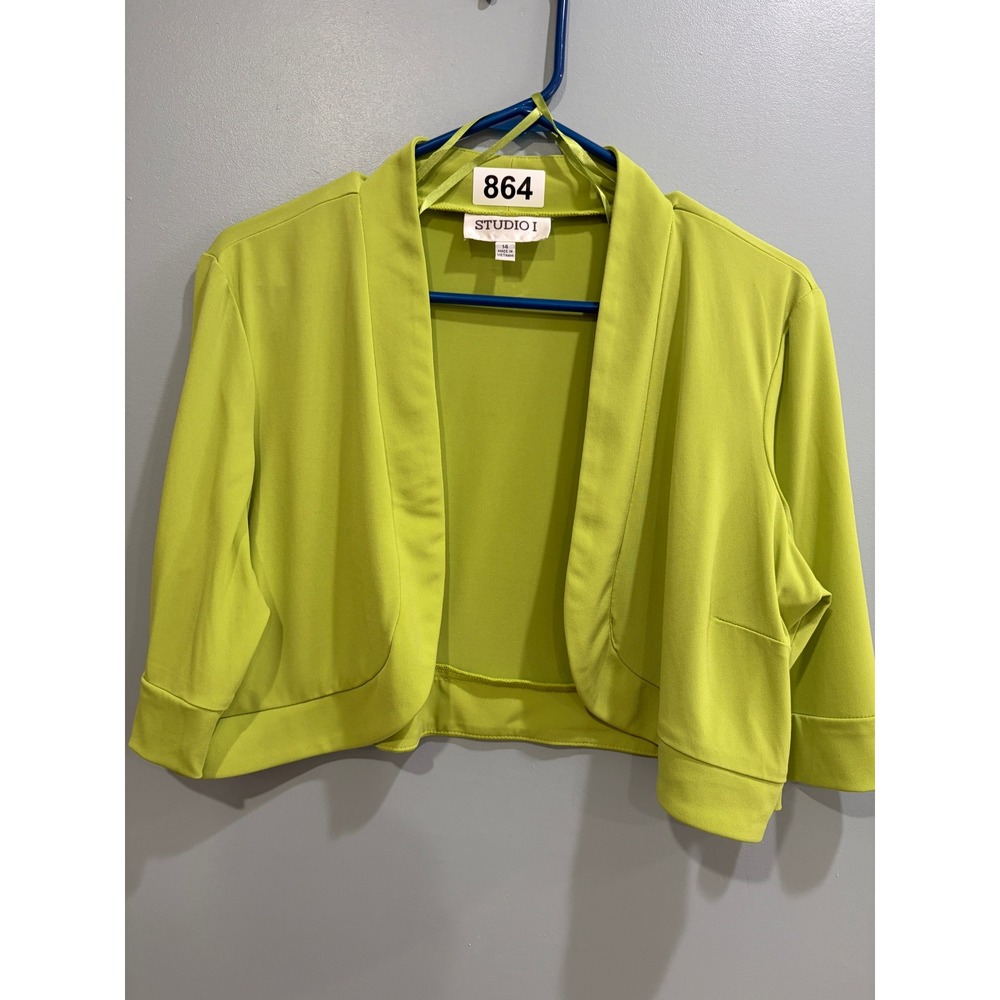 Studio‎ I Womens Lime Green Cropped Bolero Shrug Jacket 3/4 Sleeve Size 14